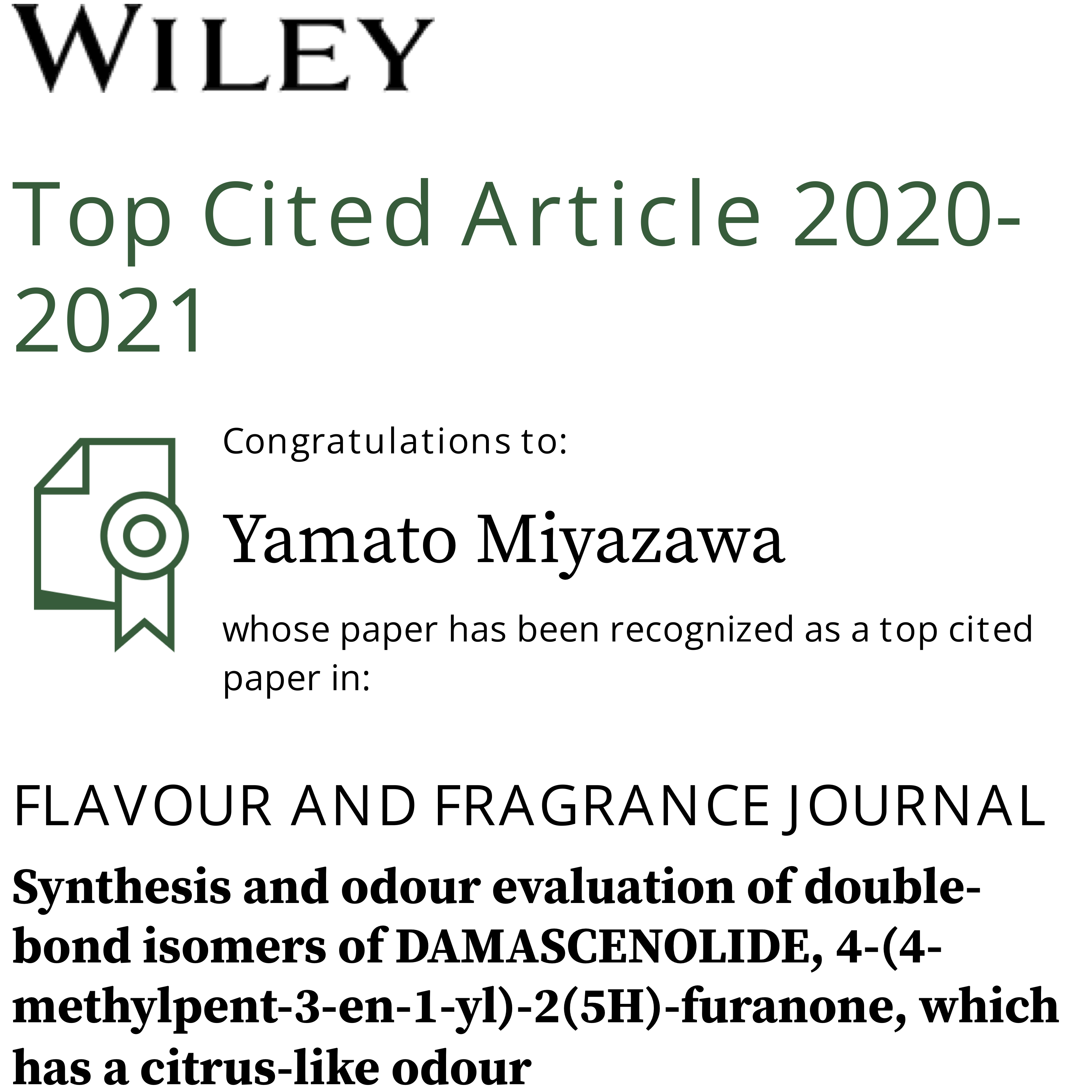長谷川香料株式会社との共同研究がTop Cited Article 2020-2021に採択されました