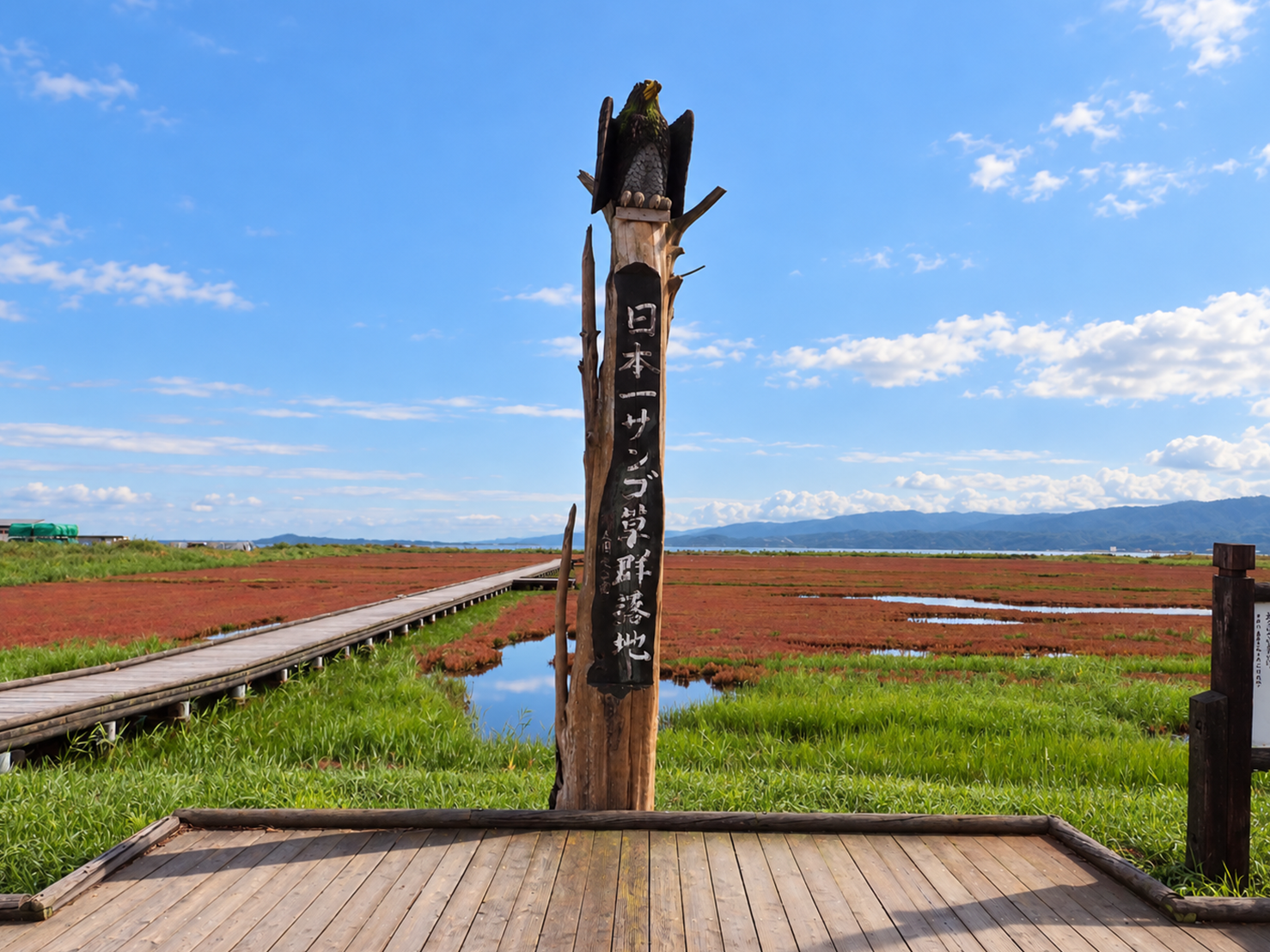 卯原内_青空の湿原と鳥飾りの案内板.png